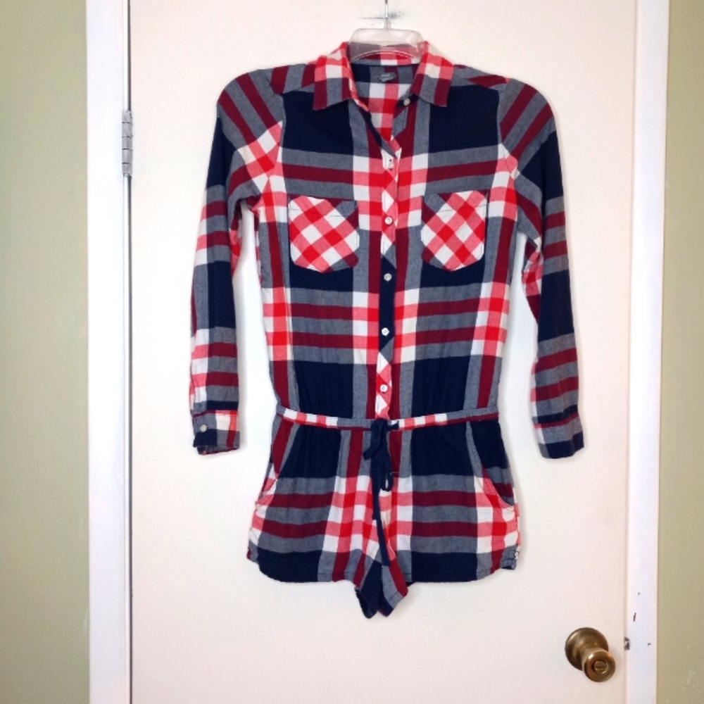 Aerie romper blue & red plaid button up flannel size Small